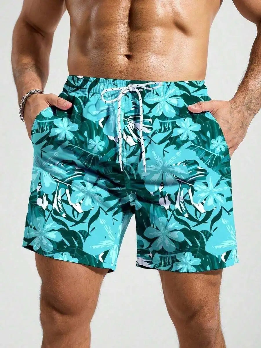 Men Floral Print Loose Fit Beach Shorts Bermuda Style Vacation Swimwear