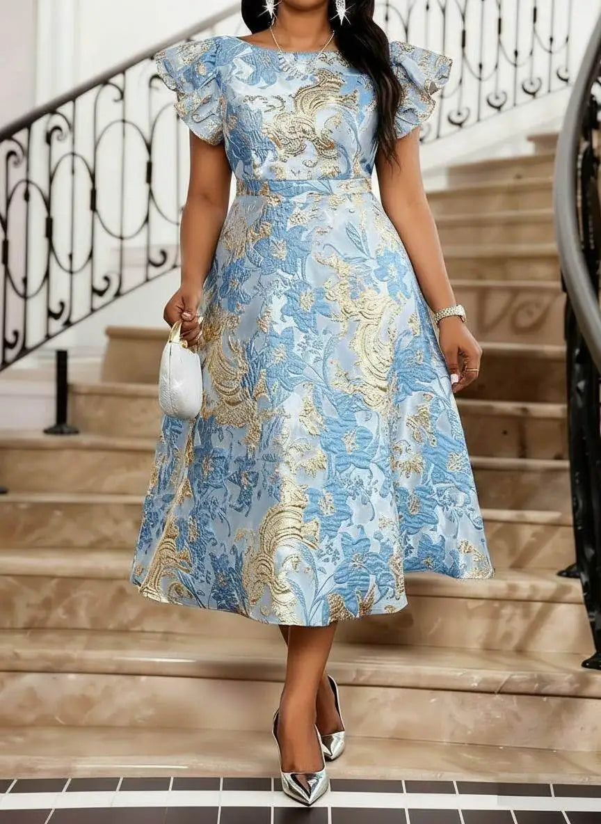 Plus Size Round Neck Ruffle Short Sleeve Printed Midi Flare Dress For Women Wedding Guest  Daily Elegant Party Occasions