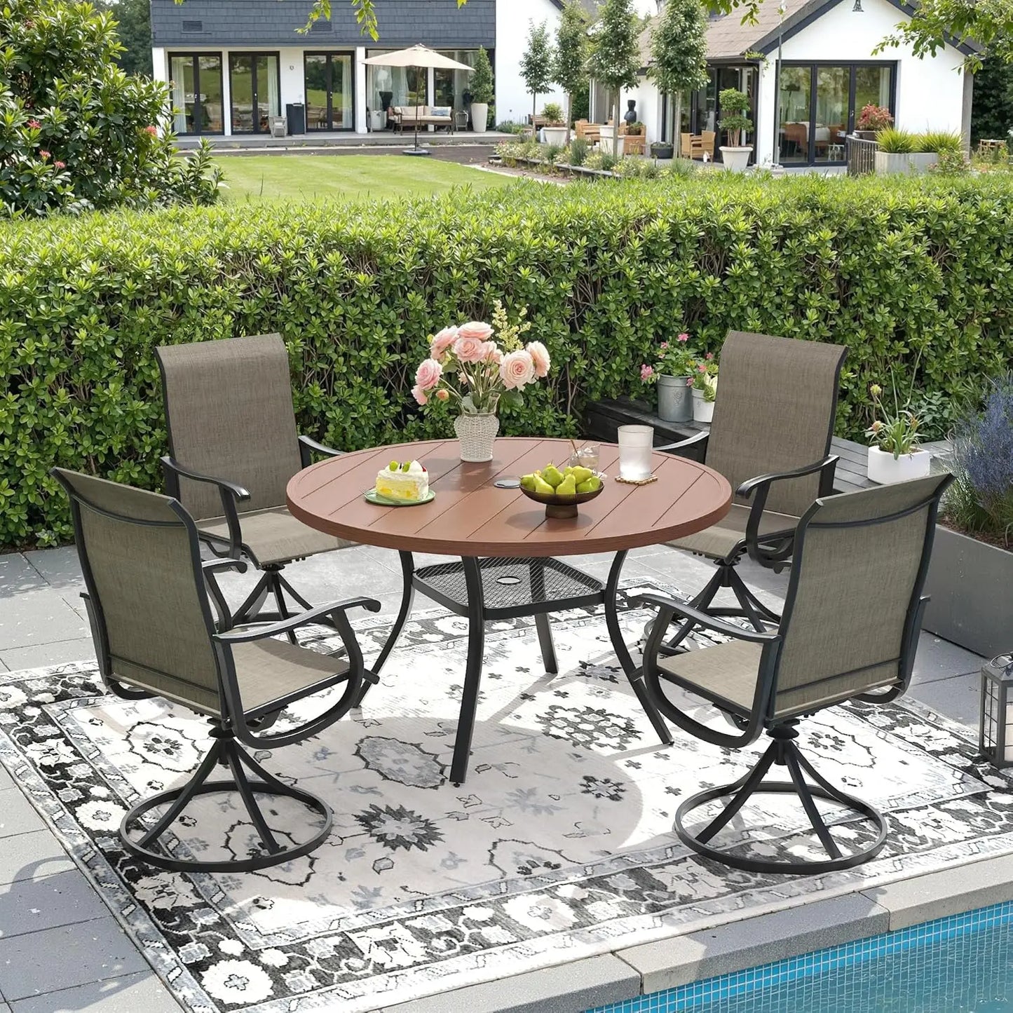 5 Pieces Outdoor Patio Dining Set, 4 Brown Textilene Swivel Dining Chairs and 40.6" Black Round Dining Table, Metal, Customized