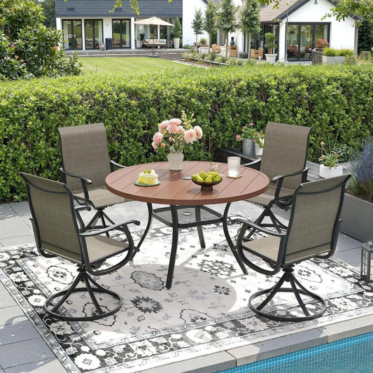 5 Pieces Outdoor Patio Dining Set, 4 Brown Textilene Swivel Dining Chairs and 40.6" Black Round Dining Table, Metal, Customized