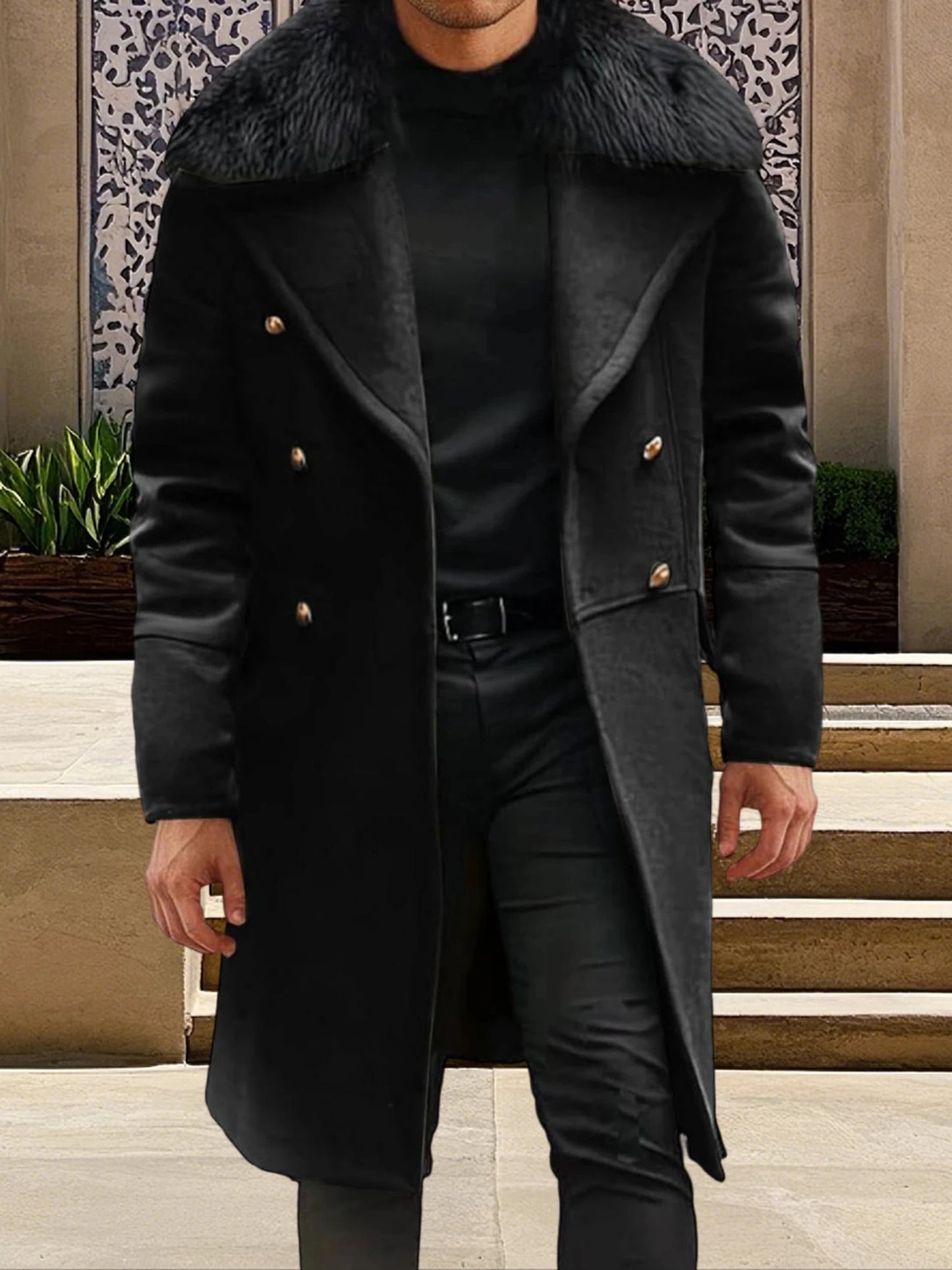 Guangdong Men Classic Double Breasted Trench Coat Removable Fur Collar
