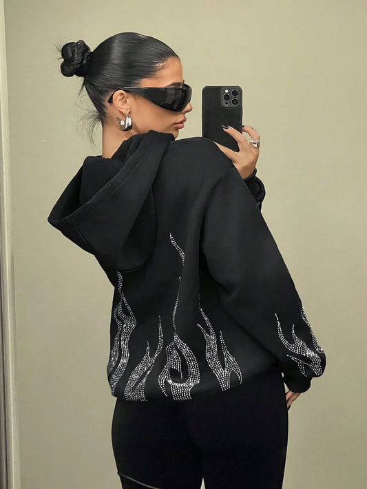 Zip Up Hoodie With Flame Rhinestone Print Long Sleeve Women