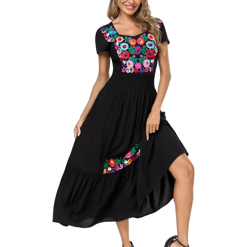 Floral Embroidered Maxi Dress For Women, Round Neck, Short Sleeve