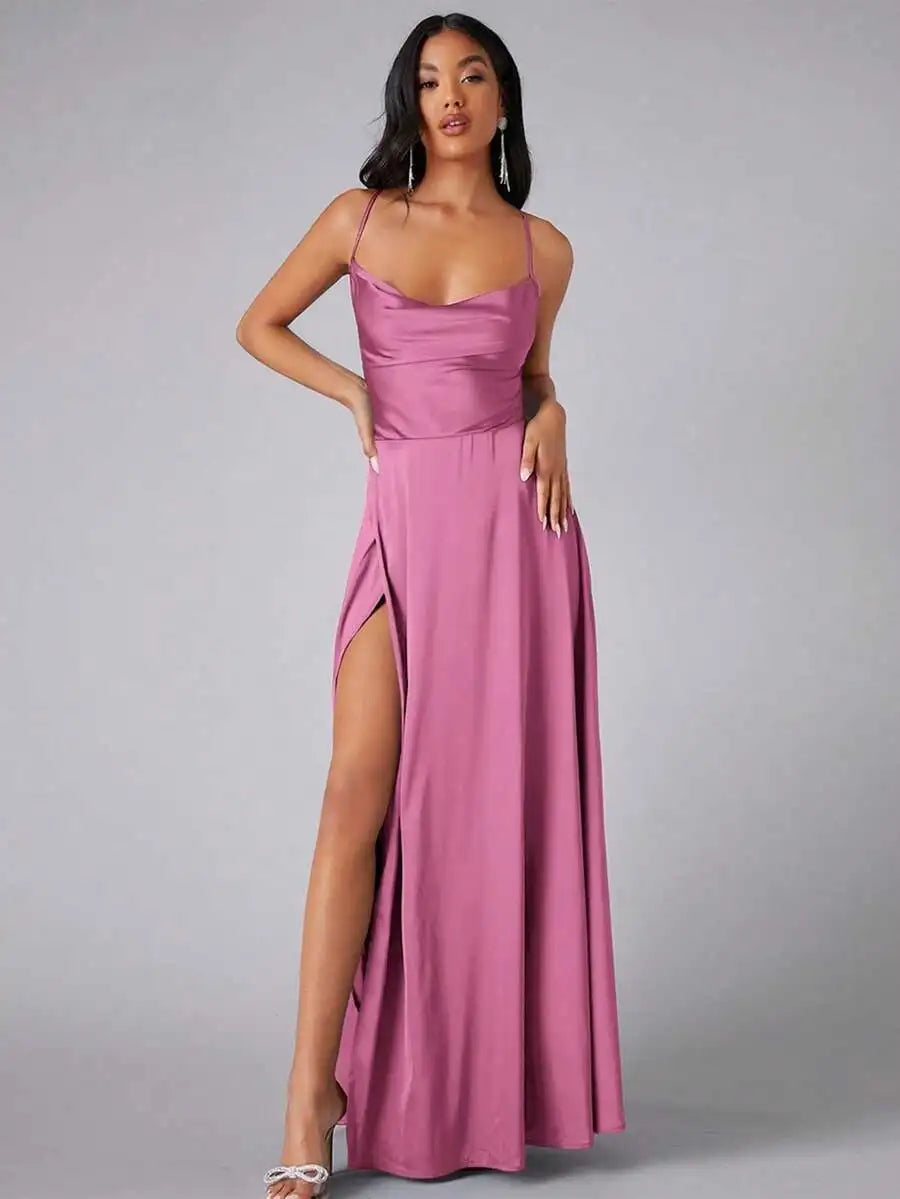 Satin Spaghetti Strap Prom Dress With High Slit And Draping