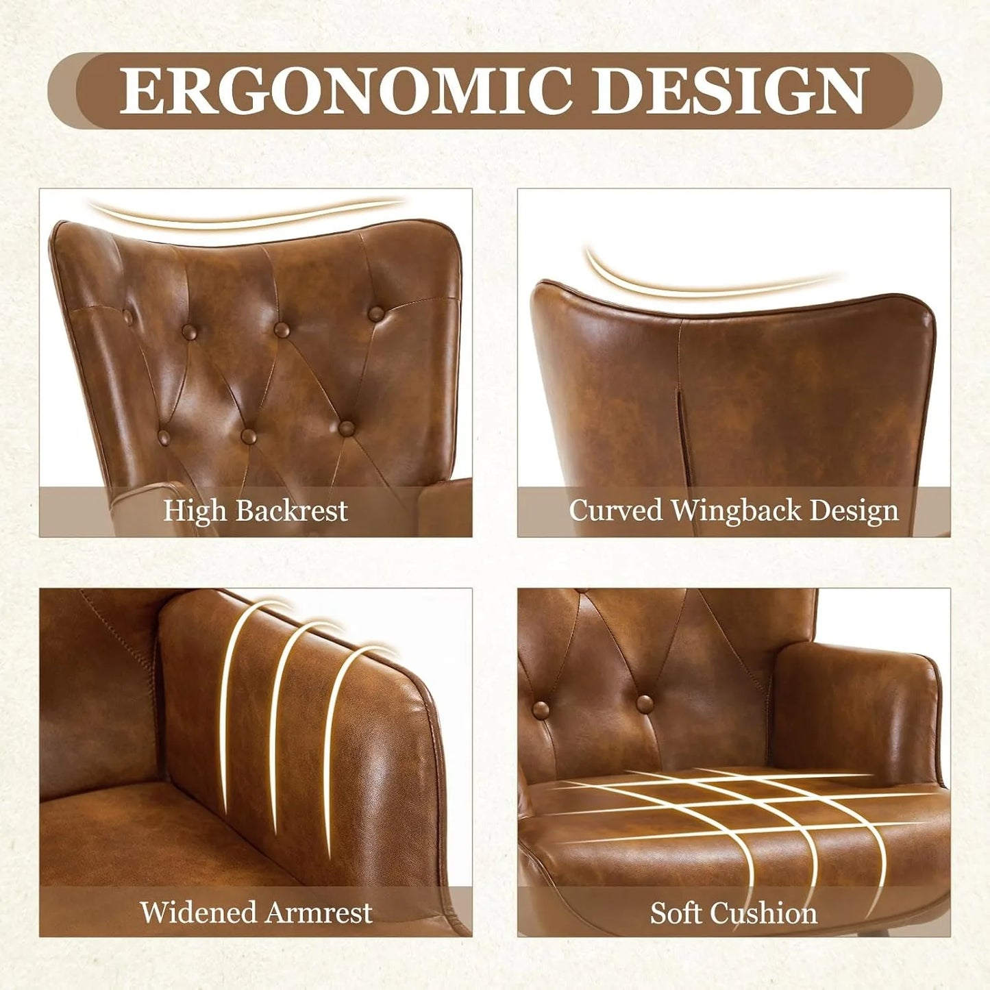 Set of 2 Mid Century Brown PU Leather Wingback Accent Chairs, High Backrest Reading Corner Armchair, Customized