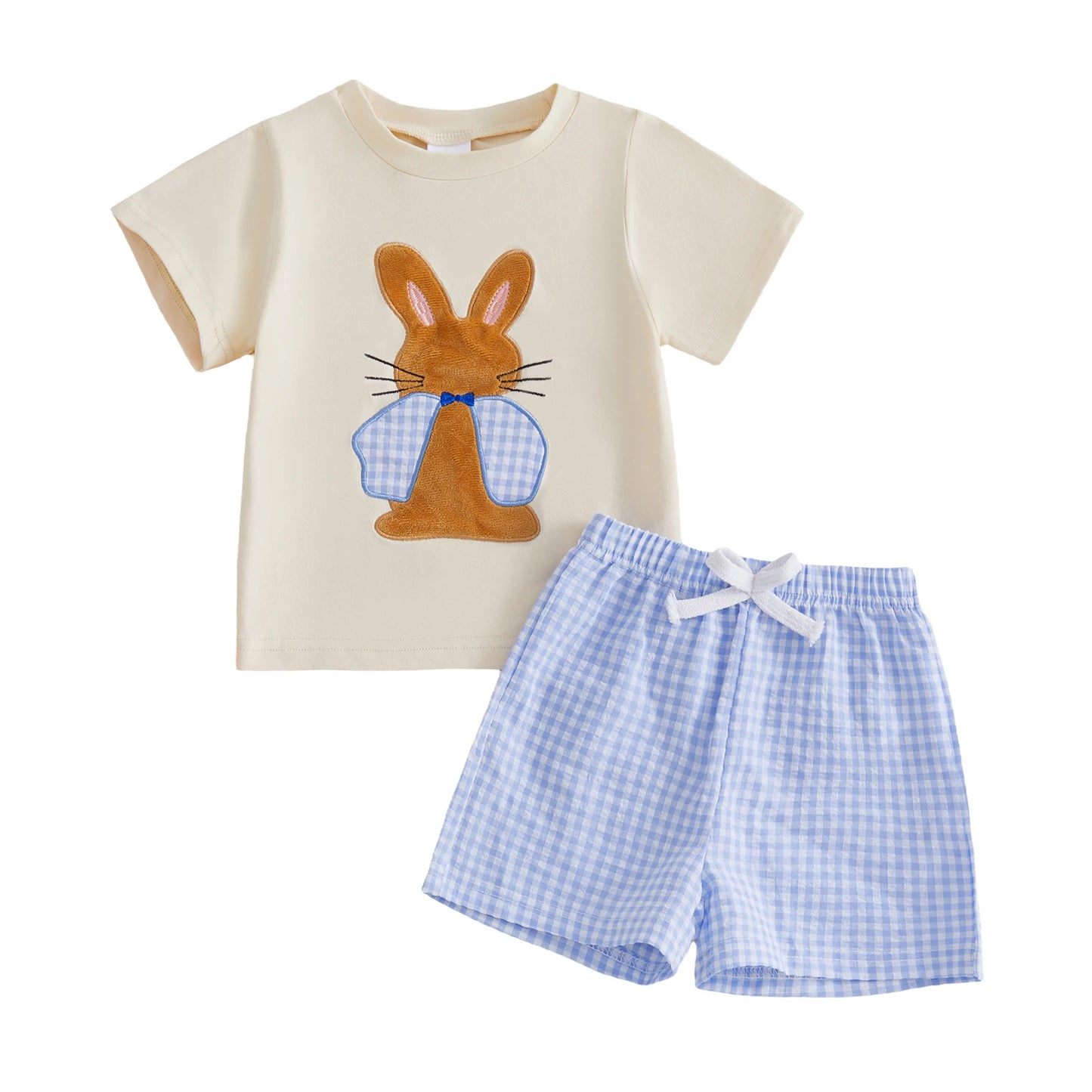 Cute Toddler Boys Easter Clothes Bunny Applique Short Sleeve Tee and Checkered Shorts Set for Spring Outfits