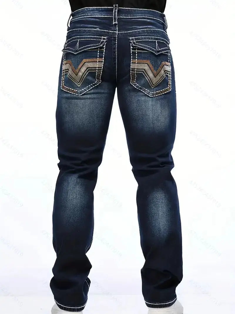 Men's deep blue elastic embroidered casual stretch jeans, street style, solid color, suitable for all seasons.