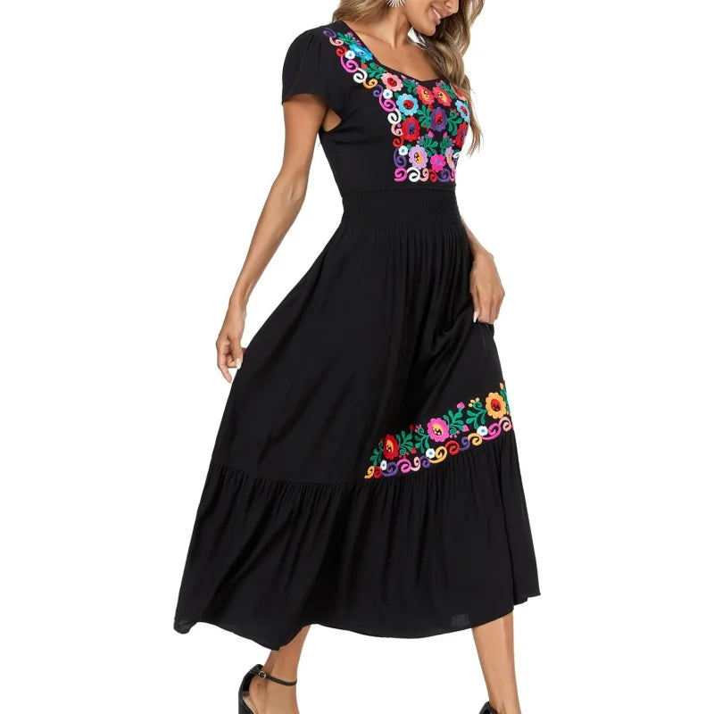 Floral Embroidered Maxi Dress For Women, Round Neck, Short Sleeve