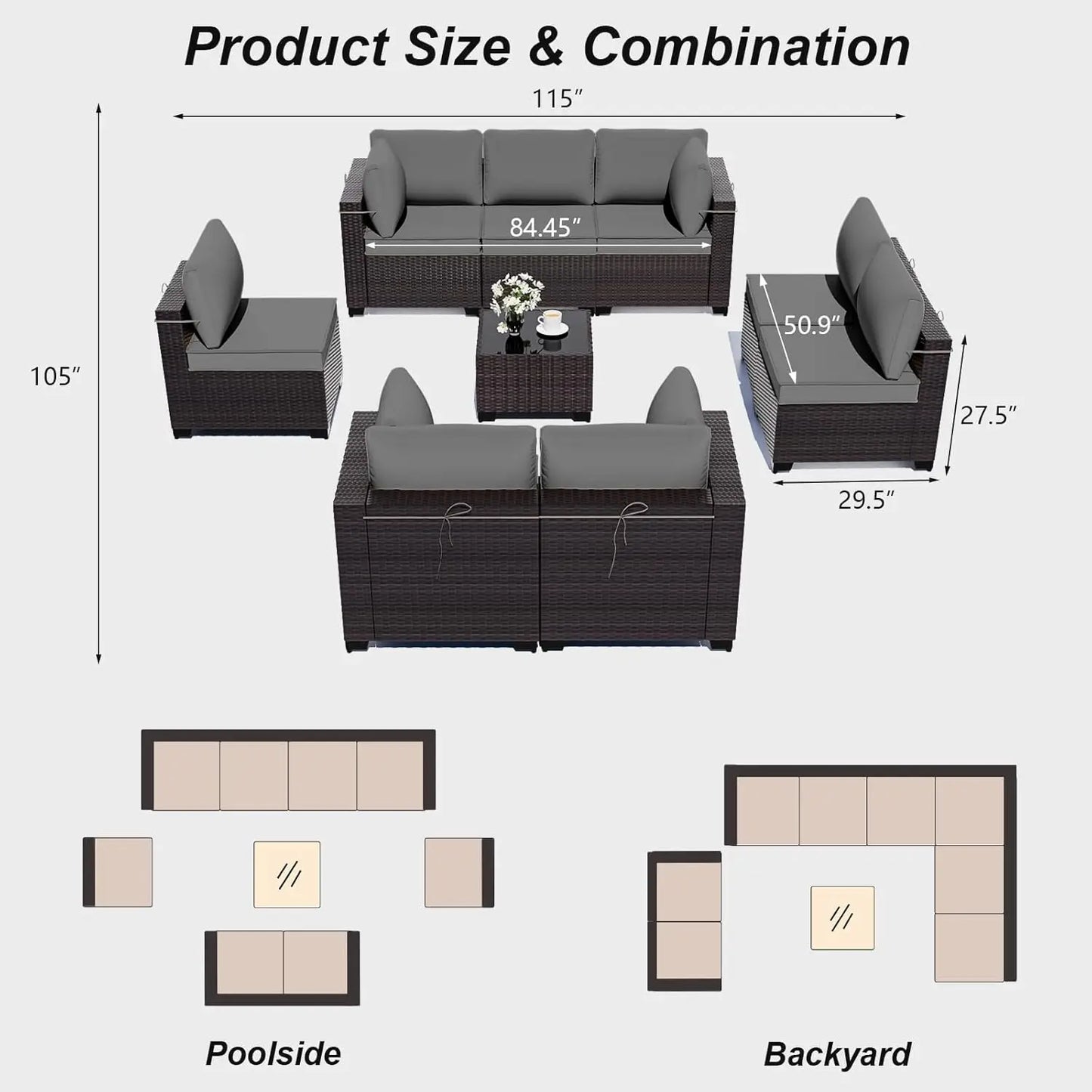 Patio Furniture Set with Coffee Table, 9 Pieces Outdoor Sectional with Wide Seat and Thick Cushion, All Weather, Customized