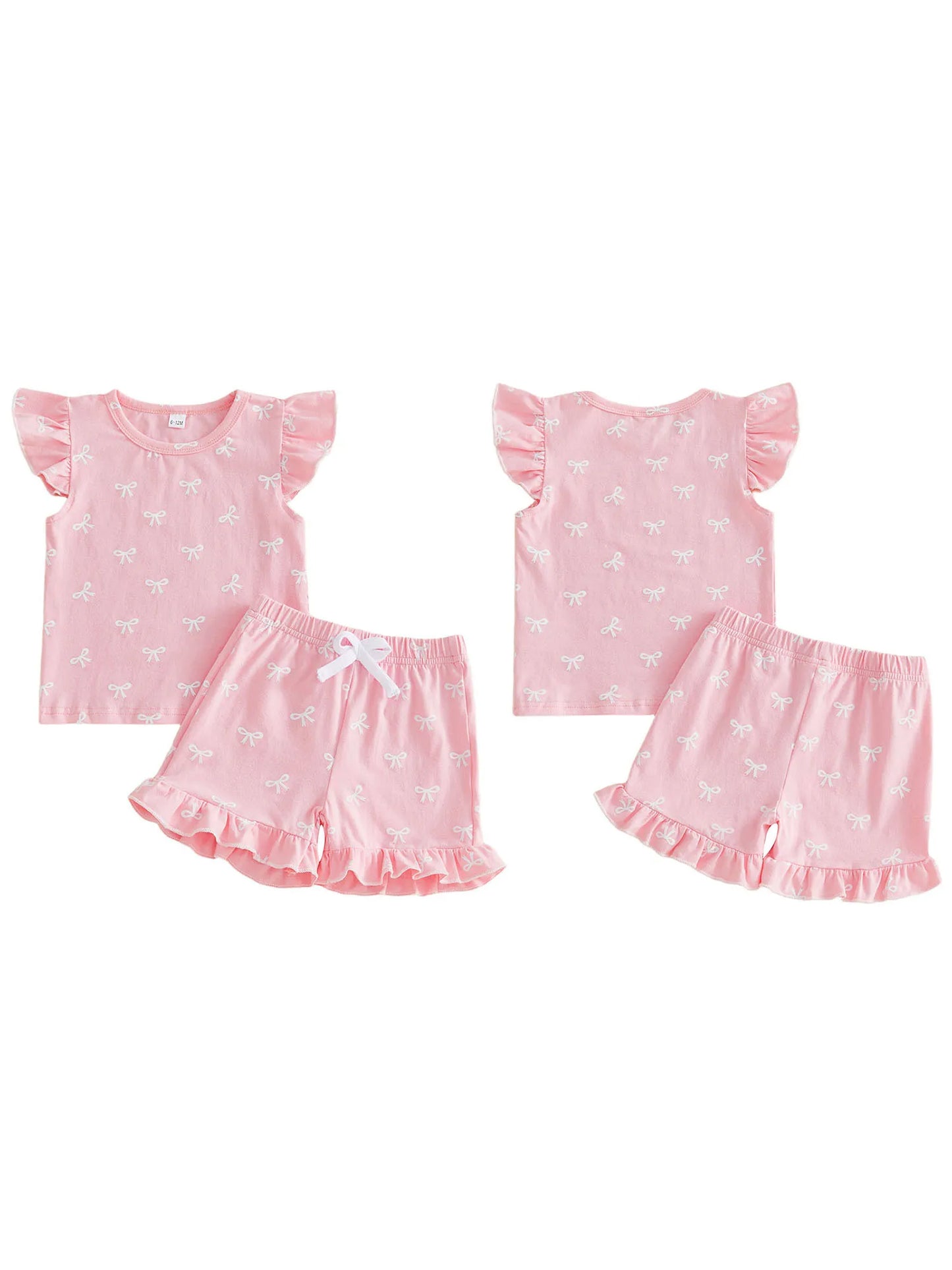 Adorable Infant Girl s Summer Ensemble with Bow Print Frilly Crew Neck Top and Matching Shorts - 2 Piece Set