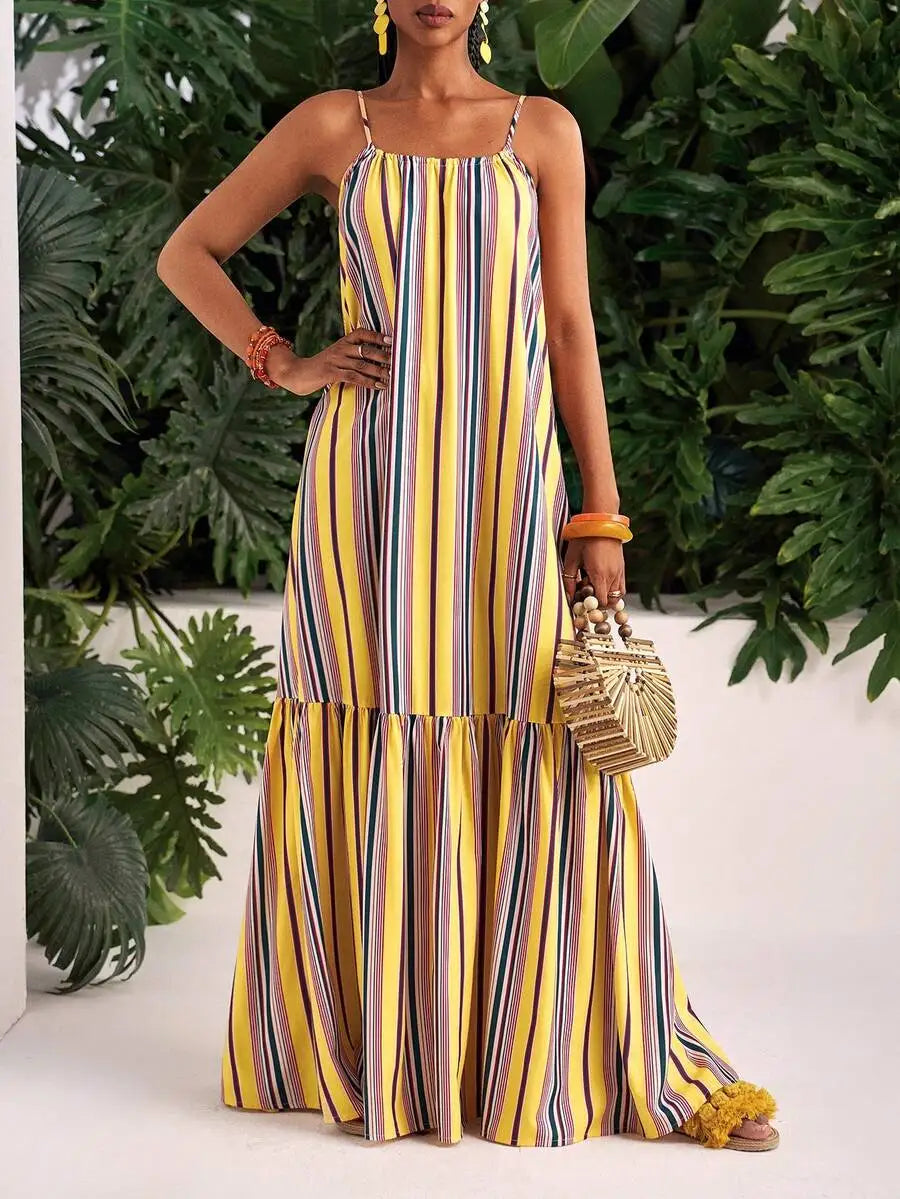 Summer Striped Spaghetti Strap Maxi Dress A-Line Casual Beach Vacation