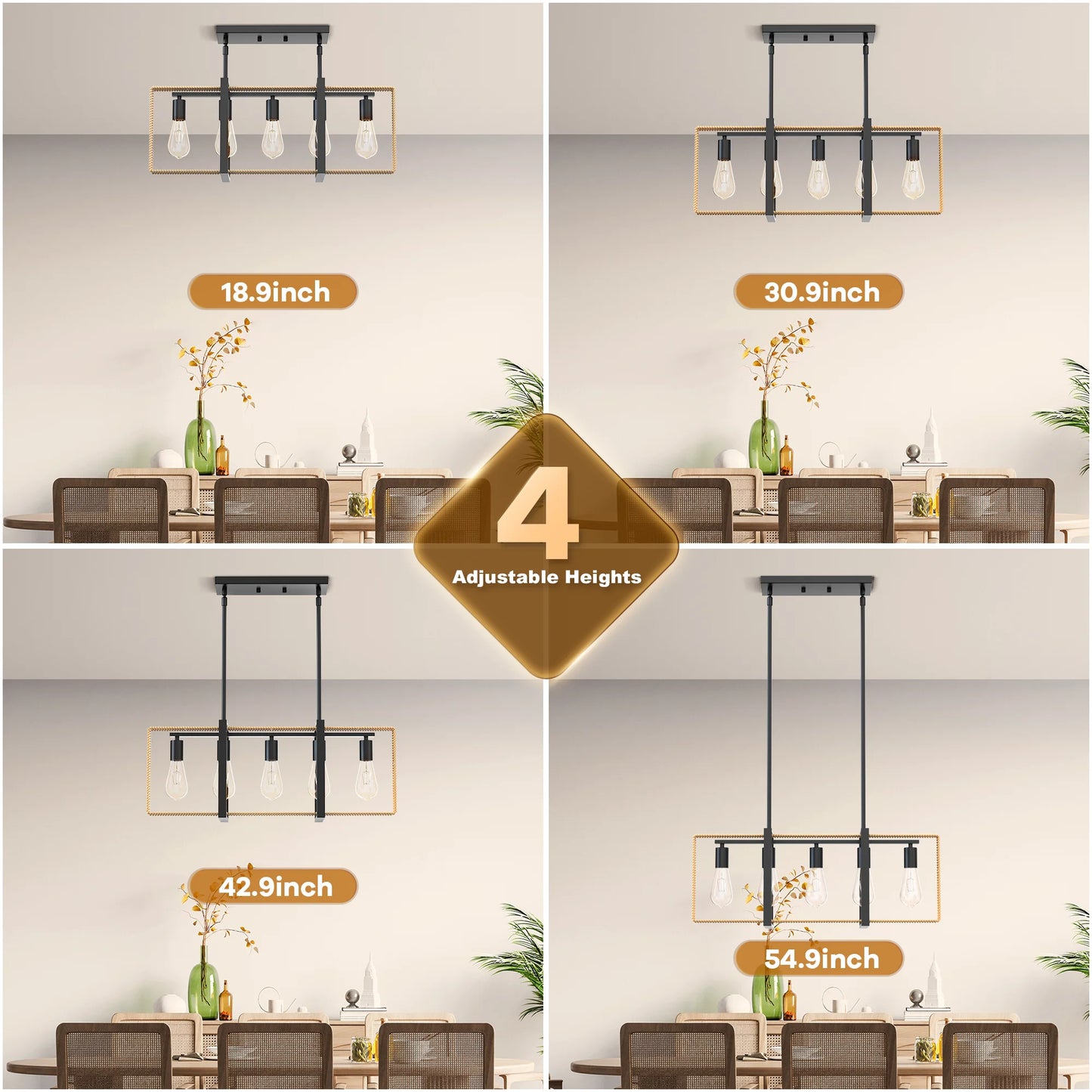 TWISTER.CK 5-Light Rattan Ceiling Pendant Farmhouse Lighting
