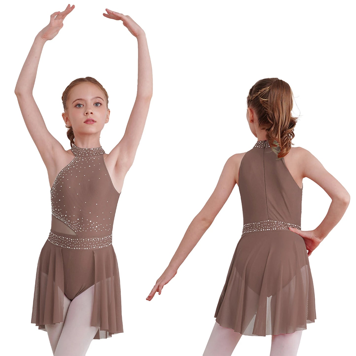NONECN Girls Rhinestone Halter Ice Skating Dress Skirted Leotard Dancewear