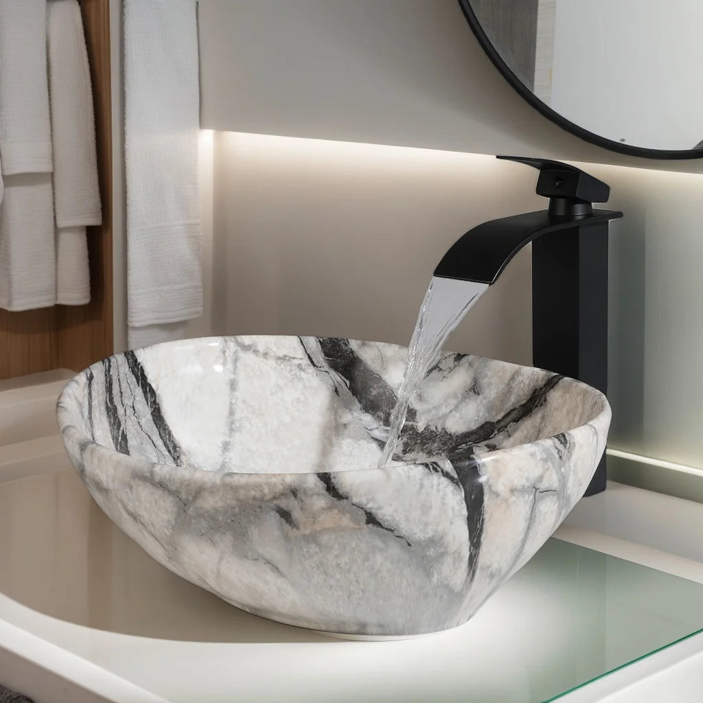 Mekkerala Artistic Marble Pattern Ceramic Vessel Sink Set