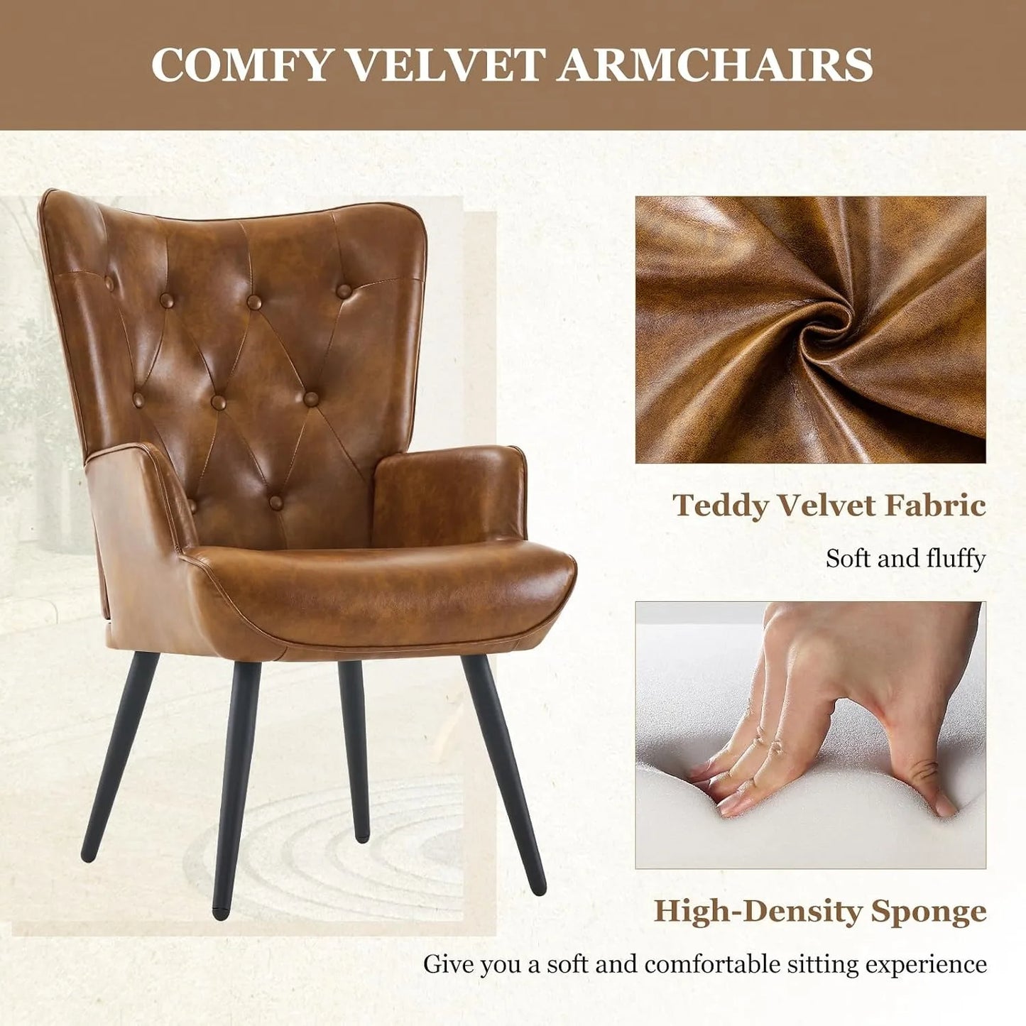 Set of 2 Mid Century Brown PU Leather Wingback Accent Chairs, High Backrest Reading Corner Armchair, Customized