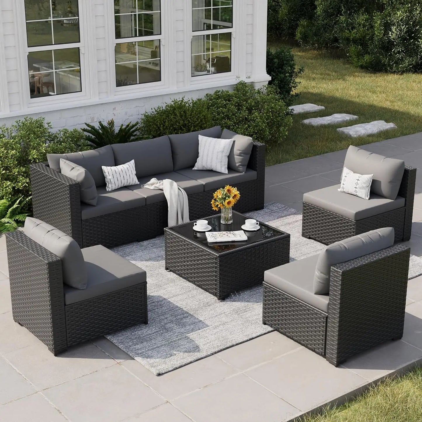 Patio Furniture Set, 7-Piece Outdoor Sectional Rattan Sofa Set with Coffee Table (Navy Blue Cushions with Brown, Customized