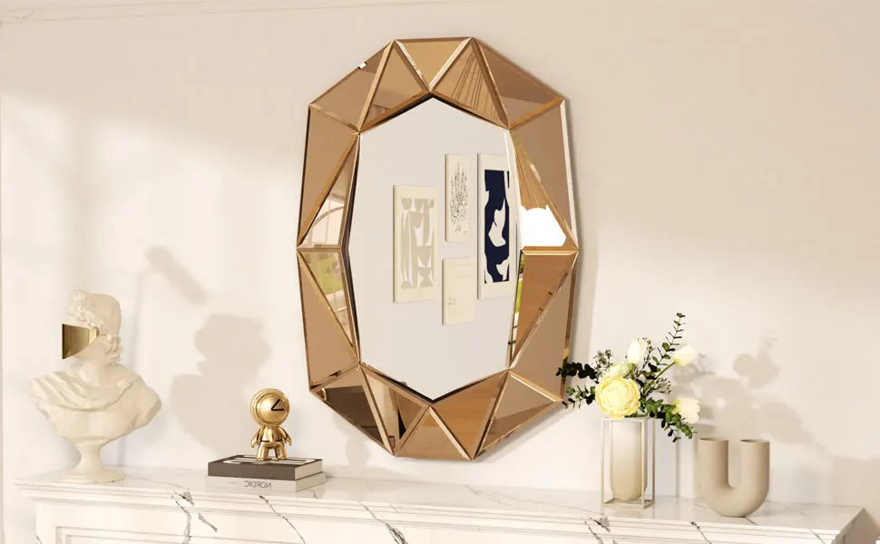 Stylish Irregular Silver Glass Wall Mirror with Beveled Diamond Edge Accents Perfect Decor for Living Room, Bedroom Entryway