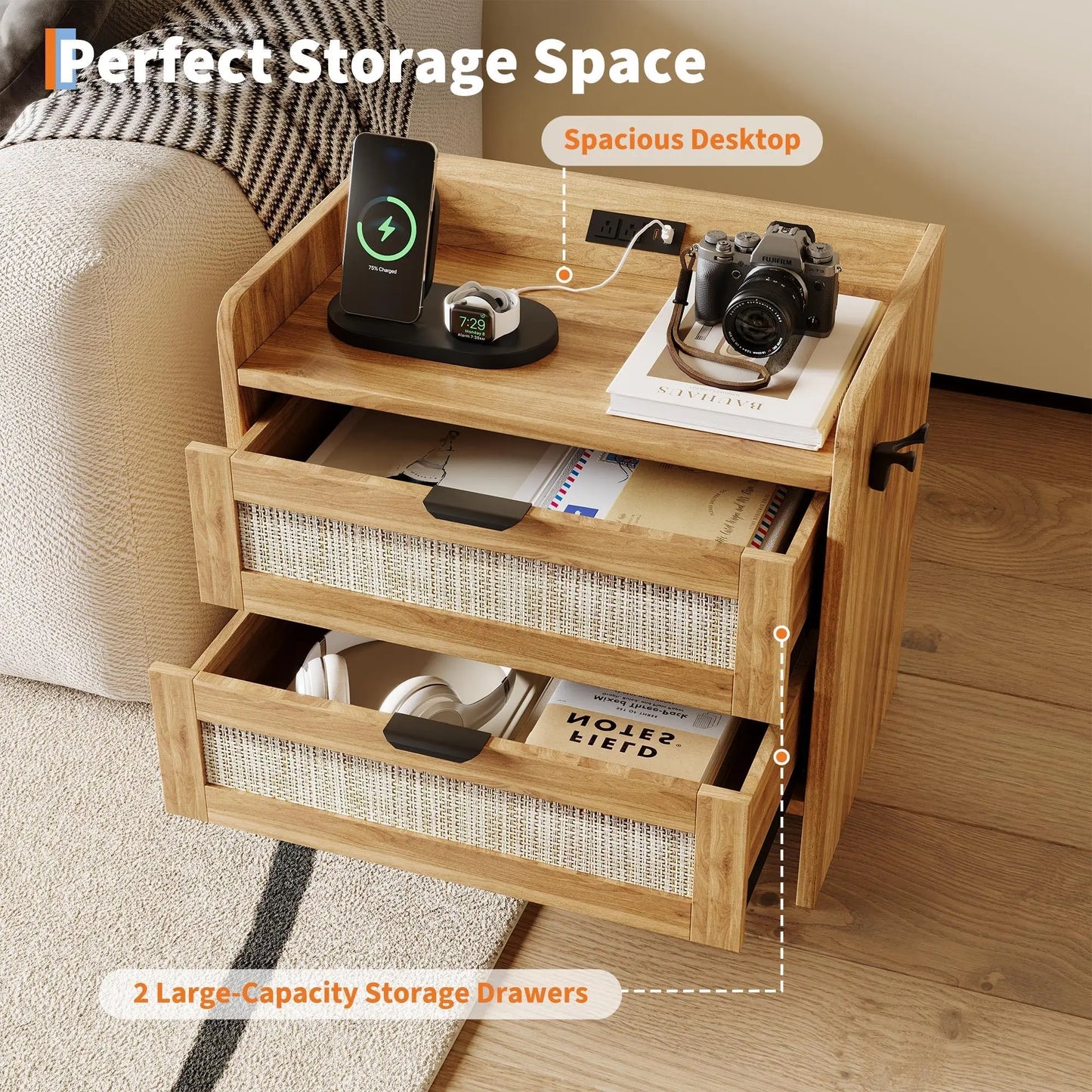 Modern Rattan Nightstand Set Of 2 With Charging Station & Drawers, Bedside Table With Usb/Type-C Ports, Storage Side Table