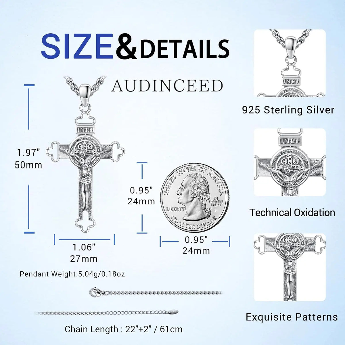DRINSPER Sterling Silver Saint Benedict Crucifix Protection Necklace