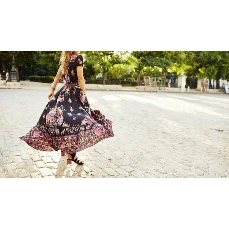 Women's Summer Vintage Floral Deep V Neck High Low Dress