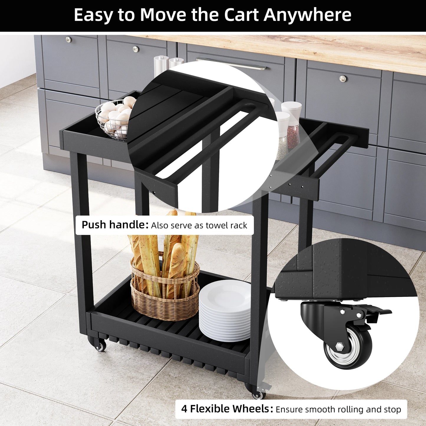 HDPE Trolley Dining Cart With Four Wheels And Double Shelf