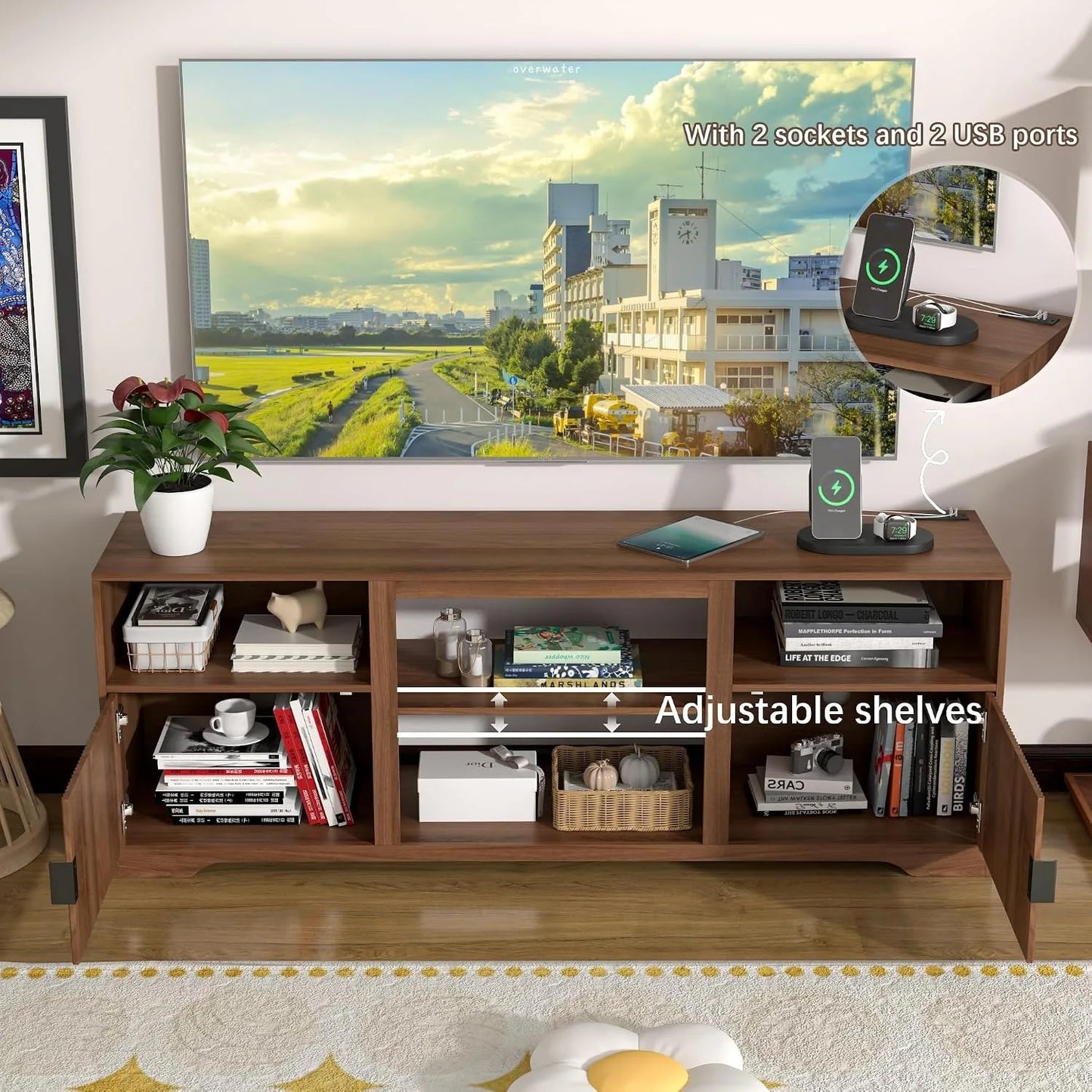 Fluted Mid Century Wood TV Stand Adjustable Shelves Fits 80in TVs, Customized
