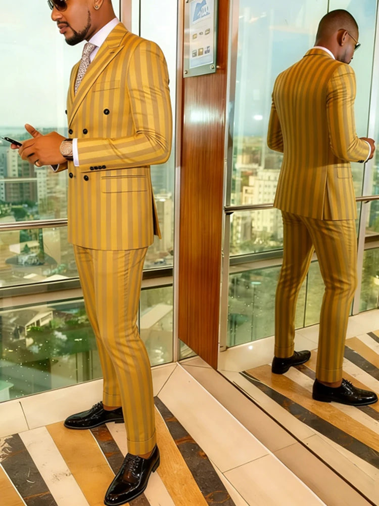 Men's Jacquard 2 Piece Slim Fit Double Breasted Suit Set