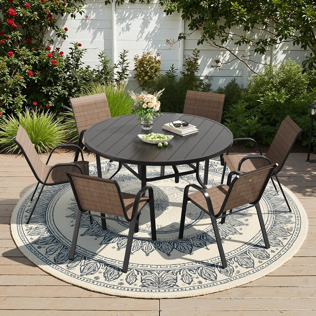 7 Piece Metal Outdoor Dining Furniture With 6 Round Chairs