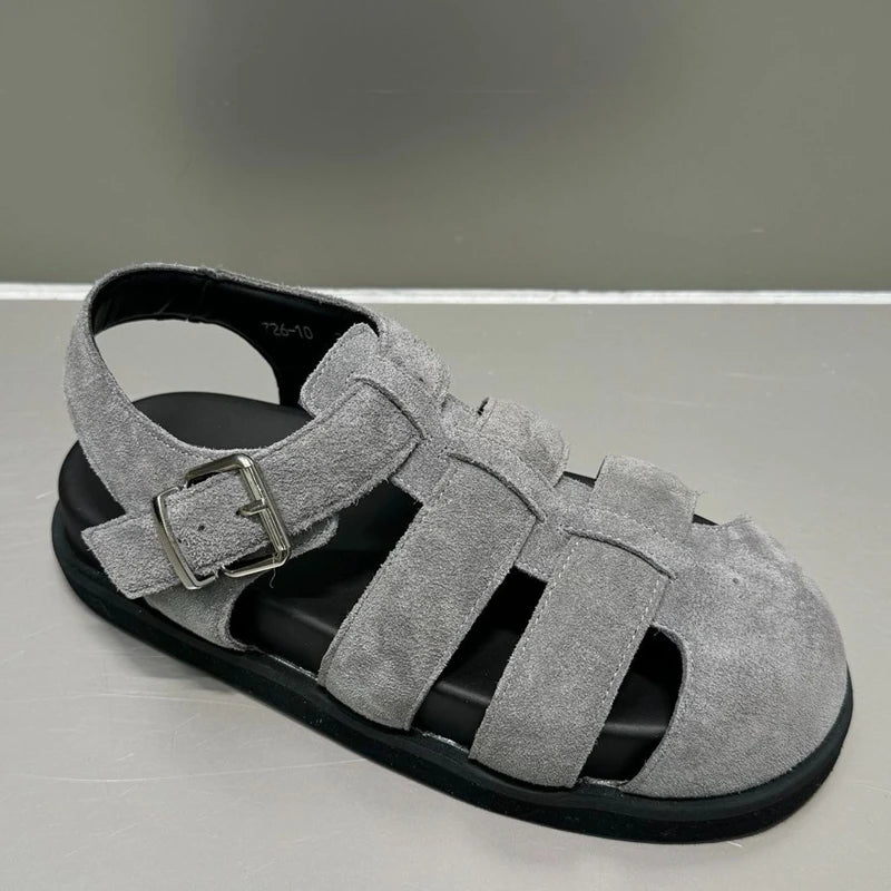 AUTUSPIN Retro Women Genuine Leather Flat Sandals Fashion Comfort Casual Buckles Shoes Woman Summer Hollow Out Sandals Round Toe