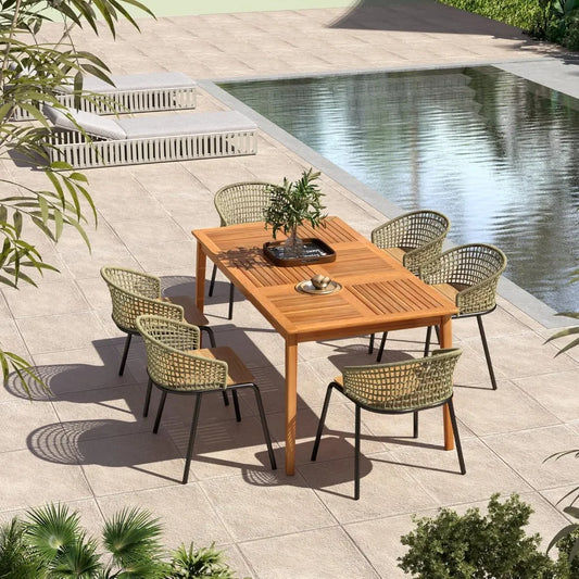 Wooden Outdoor Dining Table for 6, 67 x 35 Rectangular Acacia Wood Slatted Patio Table w/Umbrella Hole
