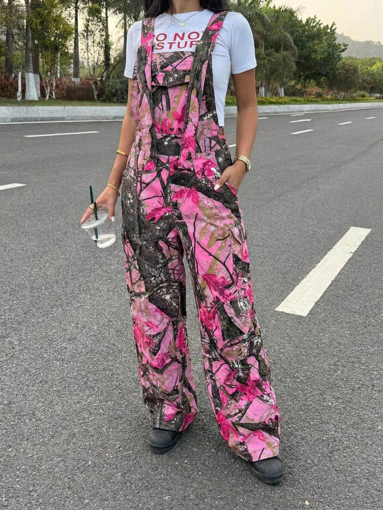 Women Adjustable Strap Printed Wide Leg Overalls For Casual Streetwear Outdoor And Daily Vacation Occasion