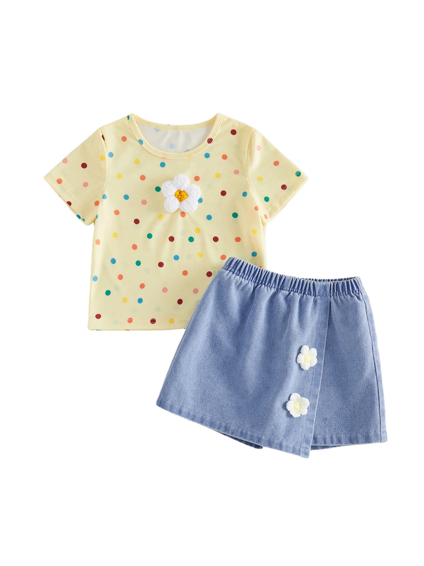 Adorable Toddler Girl s Summer Ensemble with Vibrant Polka Dot Pattern and Floral Accents Featuring Short Sleeve Tee and Denim
