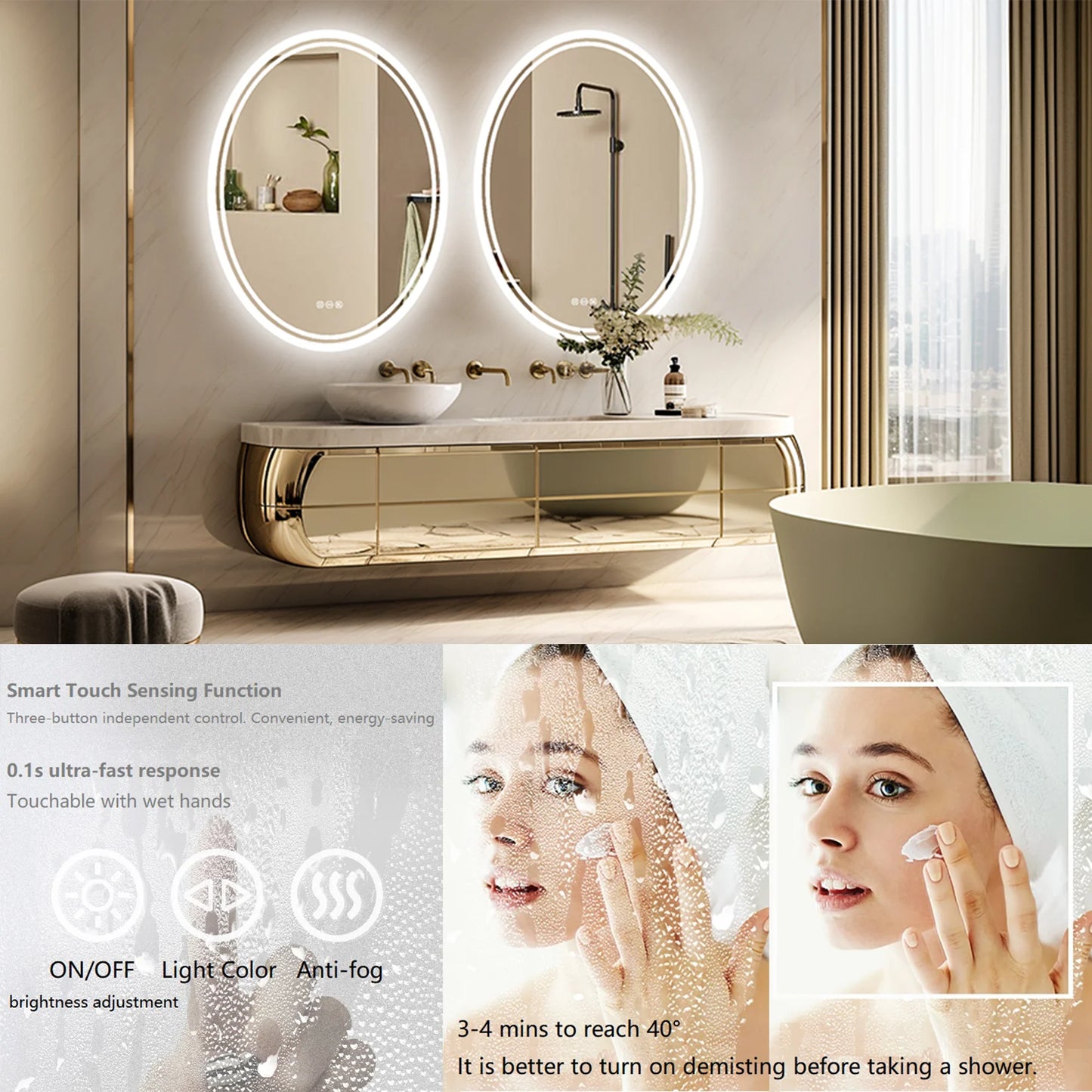 LED Round Bathroom Vanity Mirror Wall Mounted Anti Fog Dimmable