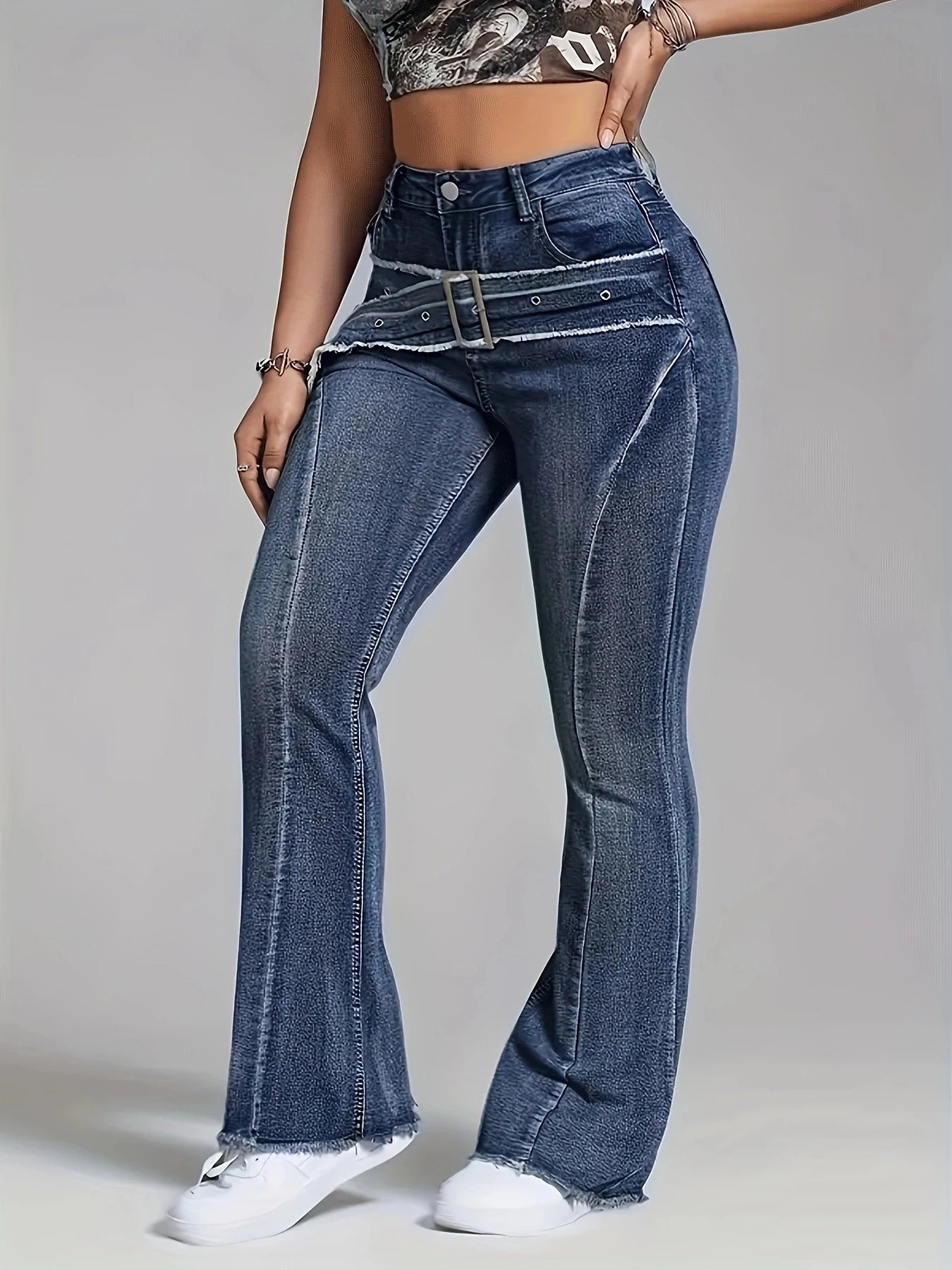 Womens Faux Waistband Curved Edge Micro Flare Denim Jeans