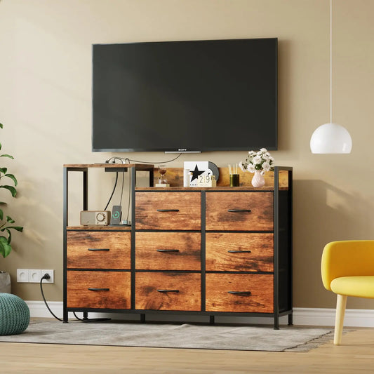 MCQ 8 Fabric Drawers And1 Open Space Cabinets Metal Frame Bedside End Table Storage With Charging Station for Home Furniture