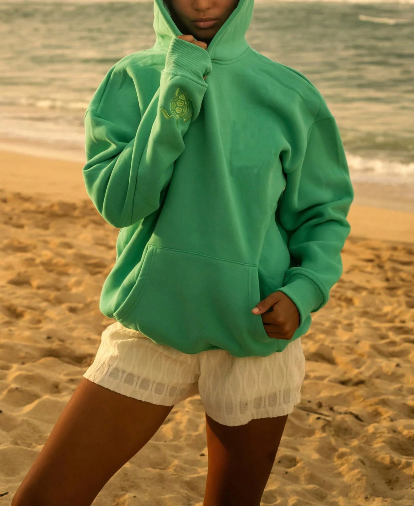 Women Embroidered Ocean Pattern Hoodie With Turtle Embroidery