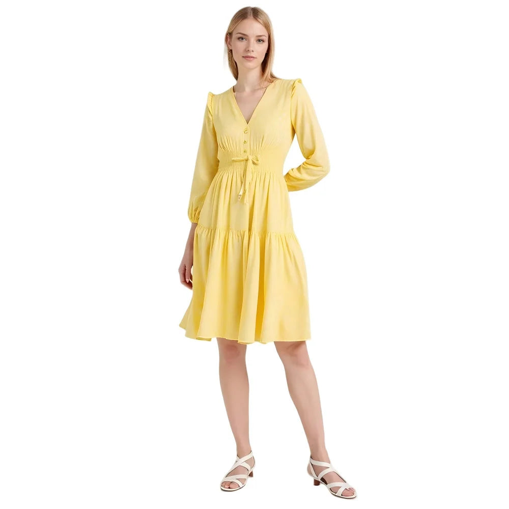 Romantic Style Women Summer V Neck Flutter Sleeve Drawstring Tiered Swing Midi Dress