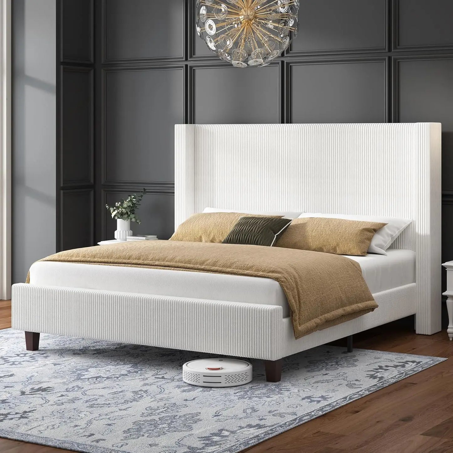 Queen Size Bed Frame with 50.8" Tall Wingback Headboard, Modern Corduroy Upholstered Platform Bed Frame with Solid, Customized