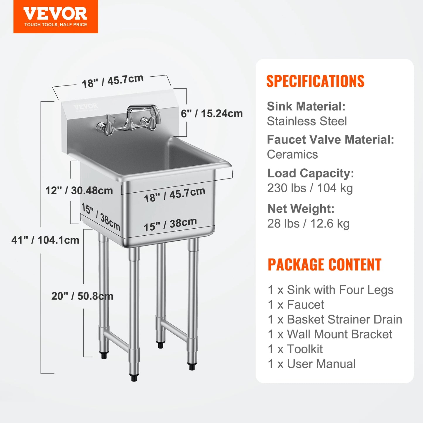 SucceBuy Stainless Steel Kitchen Prep & Utility Sink 1 Compartment Restaurant Commercial Steel Sink w/Faucet for Restaurant Home