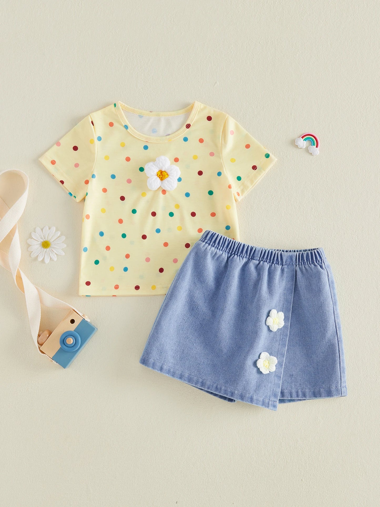 Adorable Toddler Girl s Summer Ensemble with Vibrant Polka Dot Pattern and Floral Accents Featuring Short Sleeve Tee and Denim