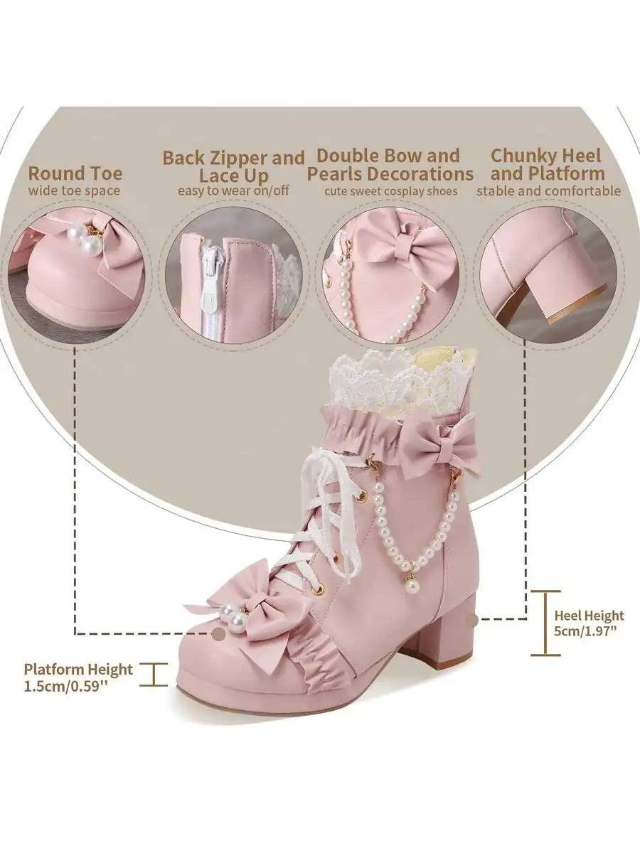 Women Pink Kawaii Lolita Boots Chunky Mid Heel Ankle Lace Up With Bow Pearl Ruffle Platform