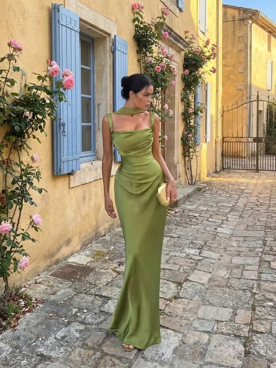 Elegant Satin Long Dress With Ribbon Strap For Women