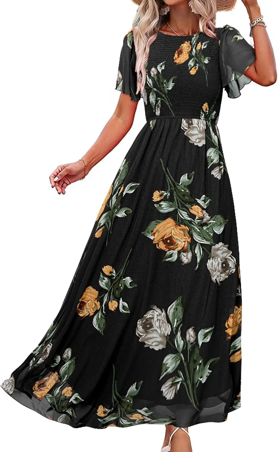 Floral Casual Summer Maxi Dress Chiffon With Smocked Short Sleeve