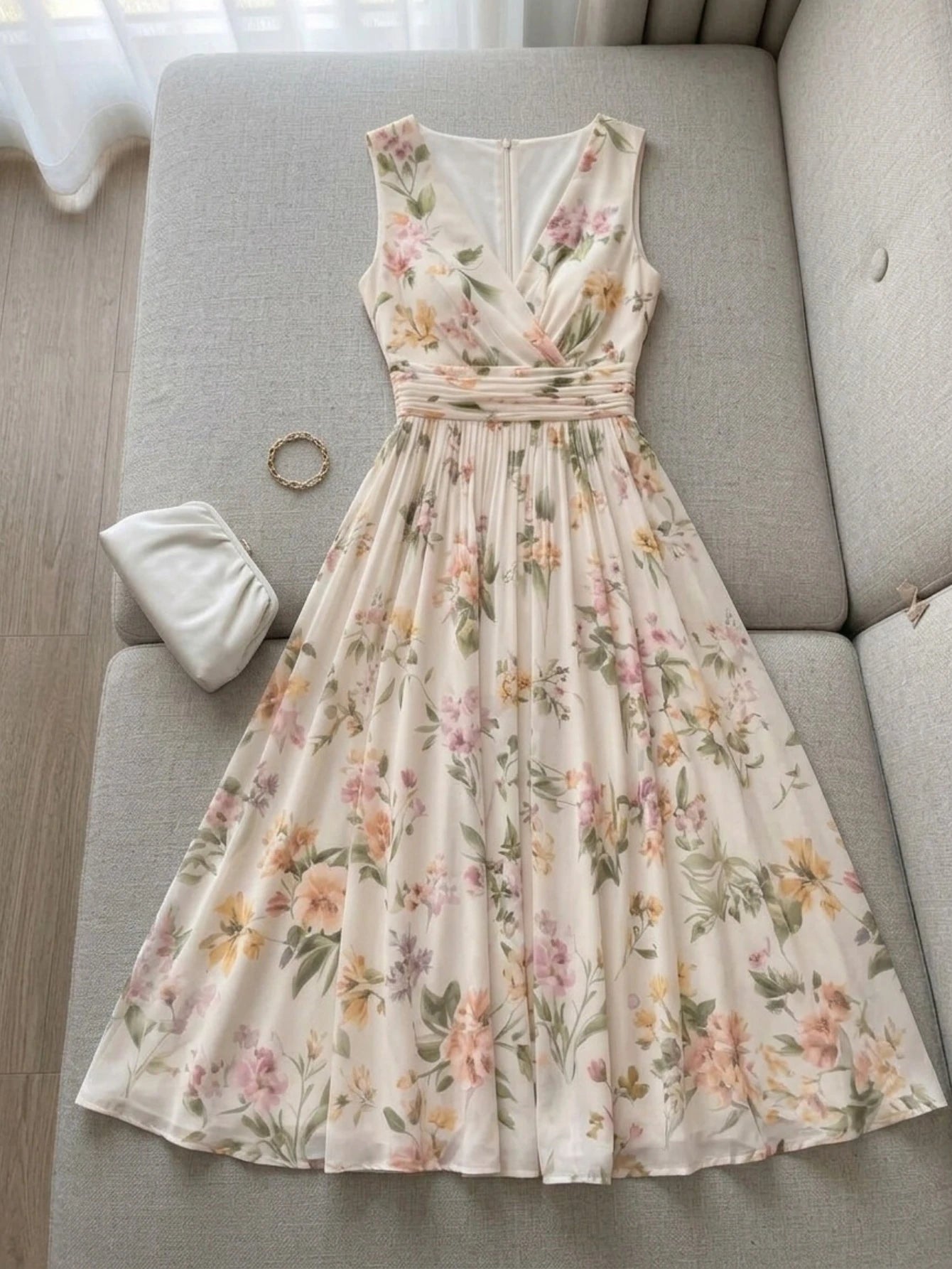 Sleeveless Floral Print Midi Dress For Women Wrap V Neck Ruched High Waist Pleated Swing A Line Summer Holiday Dress