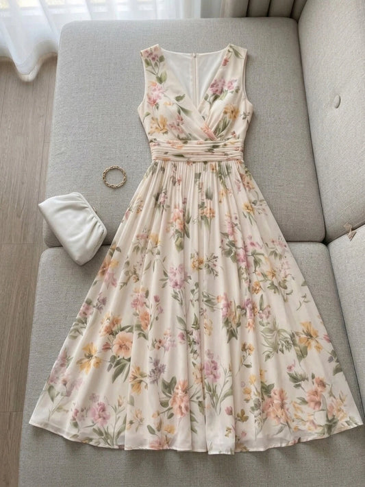 Sleeveless Floral Print Midi Dress For Women Wrap V Neck Ruched High Waist Pleated Swing A Line Summer Holiday Dress