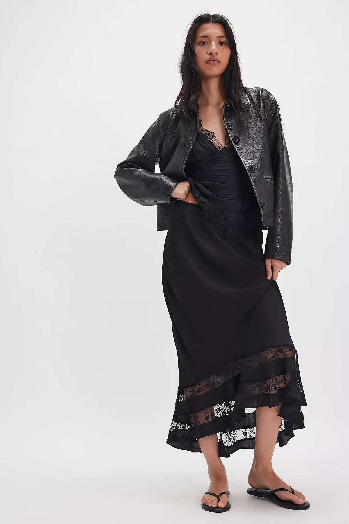 Women Elegant Satin A Line Long Skirt With Ruffle Hem
