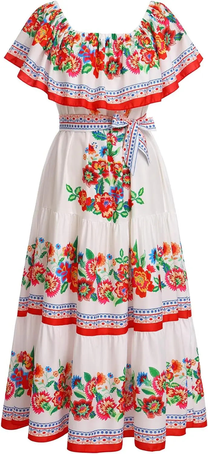 Floral Off Shoulder Maxi Dress For Women With Belt Summer Beach