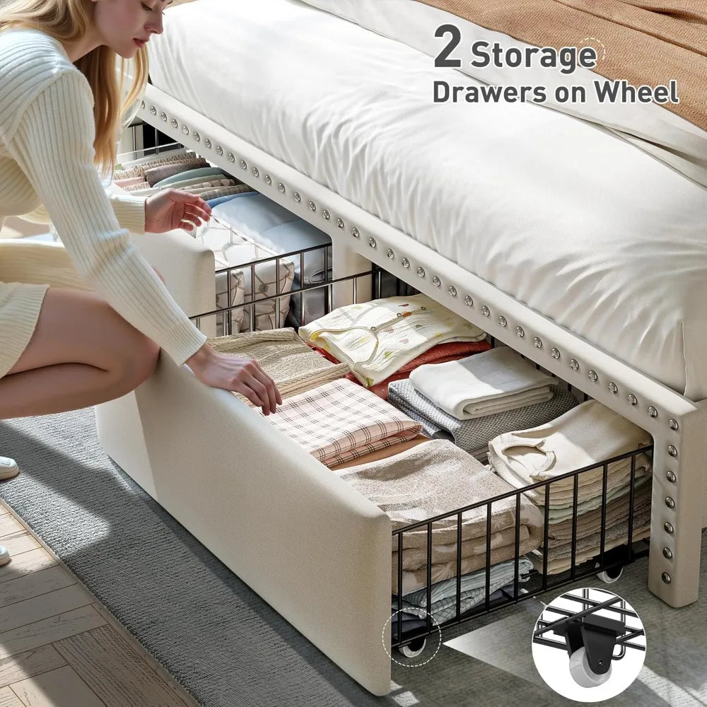 Queen Bed Frame with 2 Storage Drawers, Upholstered Queen Platform Bed with LED Lights and Charging Station, Sturdy, Customized