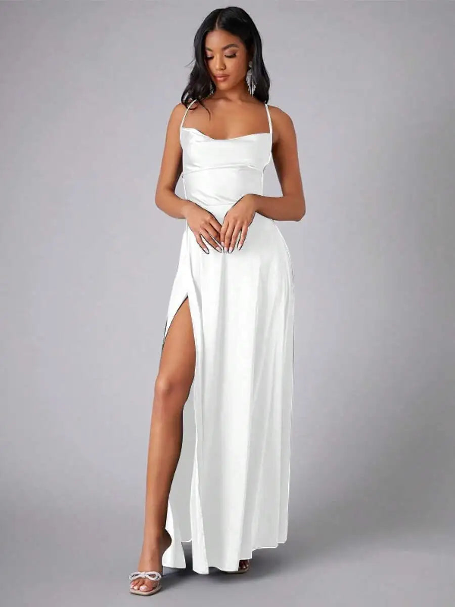 Satin Spaghetti Strap Prom Dress With High Slit And Draping