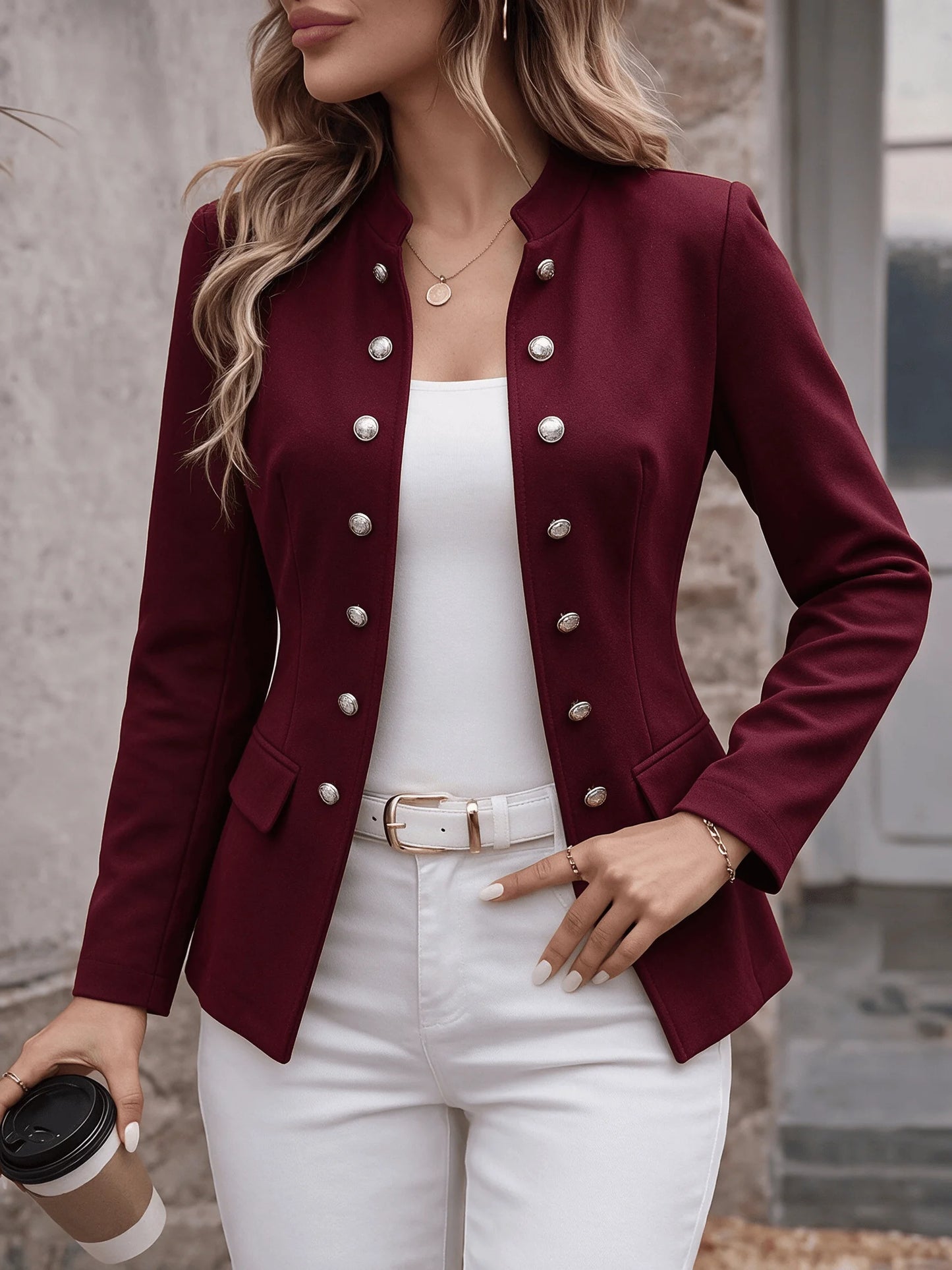 Women Stand Collar Blazer Jacket Elegant Double‑Row Silver Button Long Sleeve Slim Fit Office Business Casual Outerwear for Daily Work